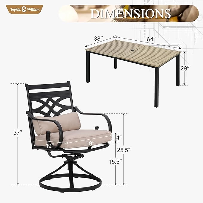 Sophia & William Swivel Patio Dining Set for 6 | Outdoor Table and Chairs | Removable Seat Cushions | 64" Metal Tabletop with Wood Texture
