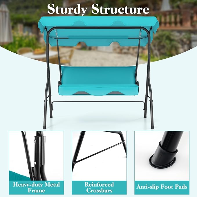 Porch Swing Outdoor, 3 Person Patio Swing w/Removable Cushion, Stand & Adjustable Canopy, Heavy Duty Swing Chair for Patio, Garden, Courtyard, Poolside