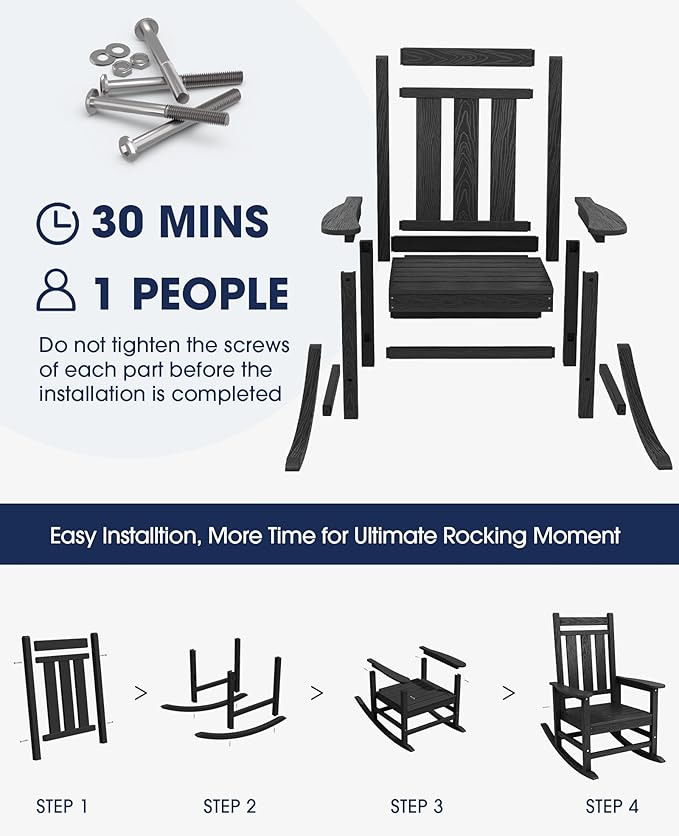 KINGYES Oversized Outdoor Rocking Chair Set of 4, All-Weather Patio Rocking Chairs for Porch, HDPE Outdoor Patio Rockers with High Back & Wide Seat for Garden, Lawn, Black