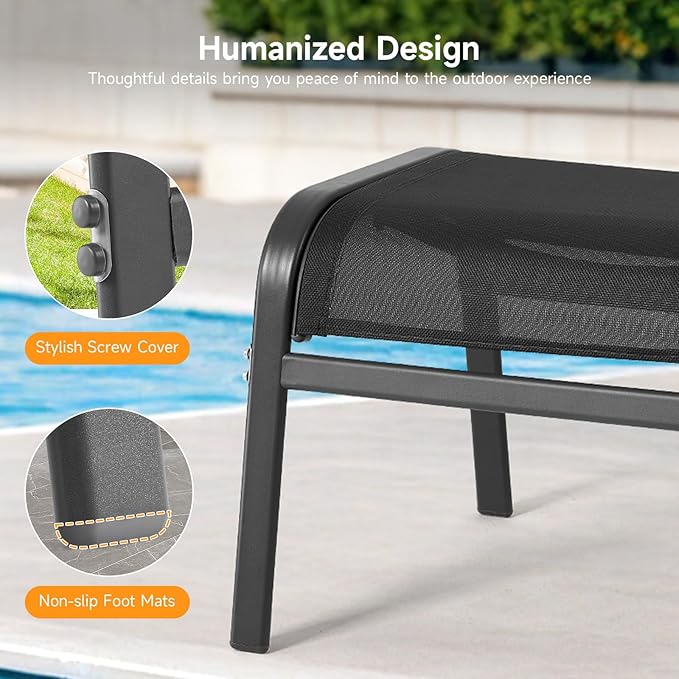 ONBRILL Outdoor Ottoman Foot Rest Set of 2, Textilene Fabric Outdoor Footstool with Tight Surface and Stable Metal Frame, Wide Use Outdoor Ottomans for Patio, Balcony, Poolside and Indoors, Black