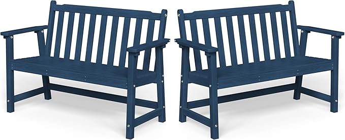 Ciokea 48" Outdoor Bench Set of 2, HDPE Weatherproof Garden Bench, 2-Person Memorial Benches with 550 Lbs, Waterproof Patio Porch Benches for Outside Business Deck Office Backyard Balcony, Navy Blue
