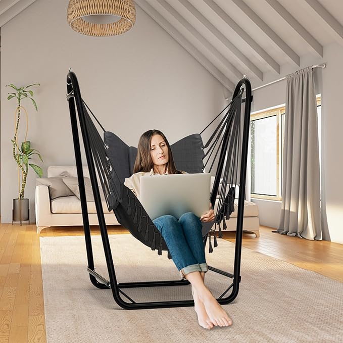 Unique U-Shaped Hammock Chair with Stand,Sturdy & Rust-Resistant,Free Gray Cotton Hammock Chair