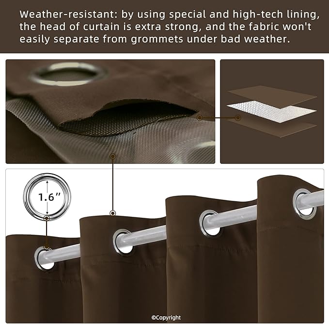 DIVA EN CAMINO DEC Outdoor Patio Curtain Waterproof Darkening Thermal Insulated Indoor Curtains for Bedroom, Porch, Living Room, Pergola, Cabana, W52 x L95, Chocolate Brown, Set of 2 Panels
