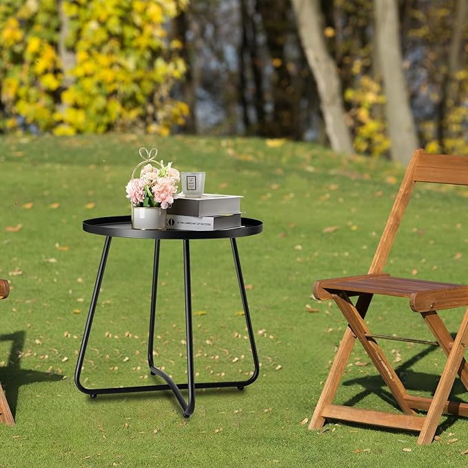 danpinera Outdoor Side Tables, Weather Resistant Steel Patio Side Table, Small Round Outdoor End Table Metal Side Table for Patio Yard Balcony Garden Bedside Black, Set of 2