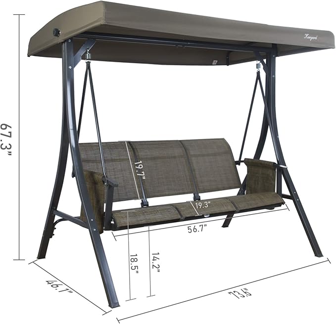 Kozyard Brenda 3-Seat Outdoor Porch Swing Glider, Patio Swing with Adjustable Canopy, Steel Frame, Breathable Textilene Seat & Back, Side Pockets (Taupe-Brown)
