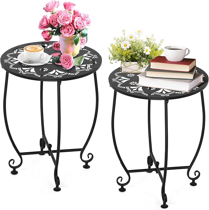 2 Pack 14Inch Outdoor Side Tables for Patio, Weather Resistant Steel Patio Side Table, Small Round Outdoor End Table Metal Side Table for Patio Yard Balcony Garden Black (Flowers)