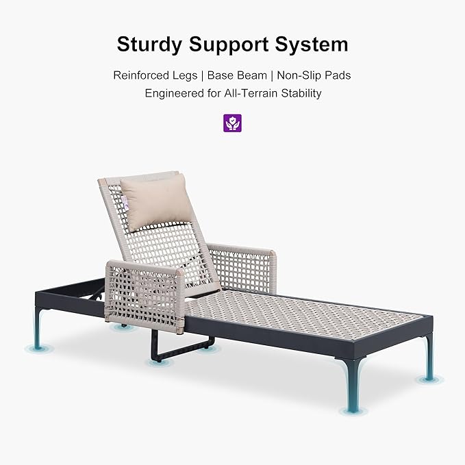 PURPLE LEAF 1 Piece Outdoor Chaise Lounge Rattan Wicker Lounger with Arms Poolside Furniture Adjustable Recliner Patio Lounge Chair for Beach Yard Garden Balcony, Dark Grey