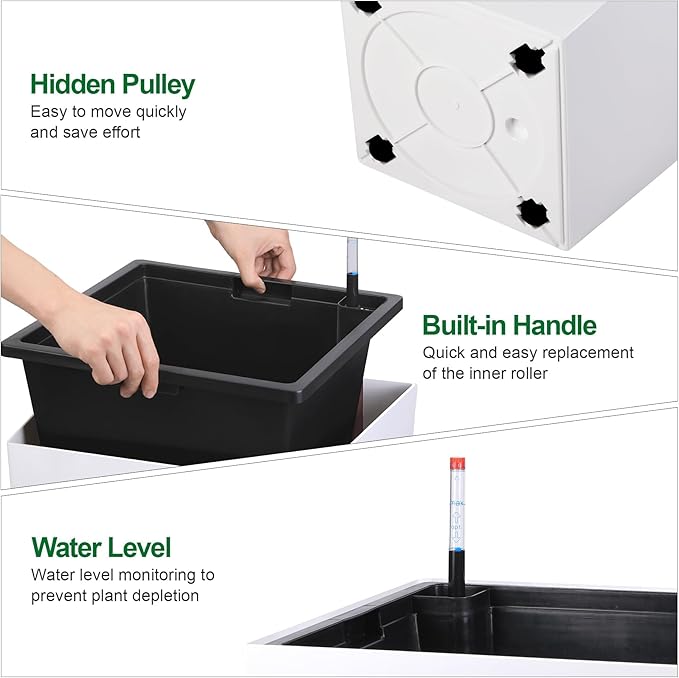 30 Inch Tall Self Watering Planters Set of 2, Outdoor Plant Pots with Automatic Watering System, Water Level Monitor, Drainage, Wheels & Inner Bucket, for Front Porch & Indoor Plants White