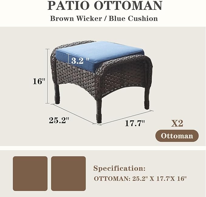 Belord Outdoor Ottomans for Patio Foot Rest - 25 Inch PE Wicker Foot Stool Set of 2 with Removable Cushions for Patio Furniture Sets,All Weather Rattan Ottoman for Balcony Deck Backyard Brown