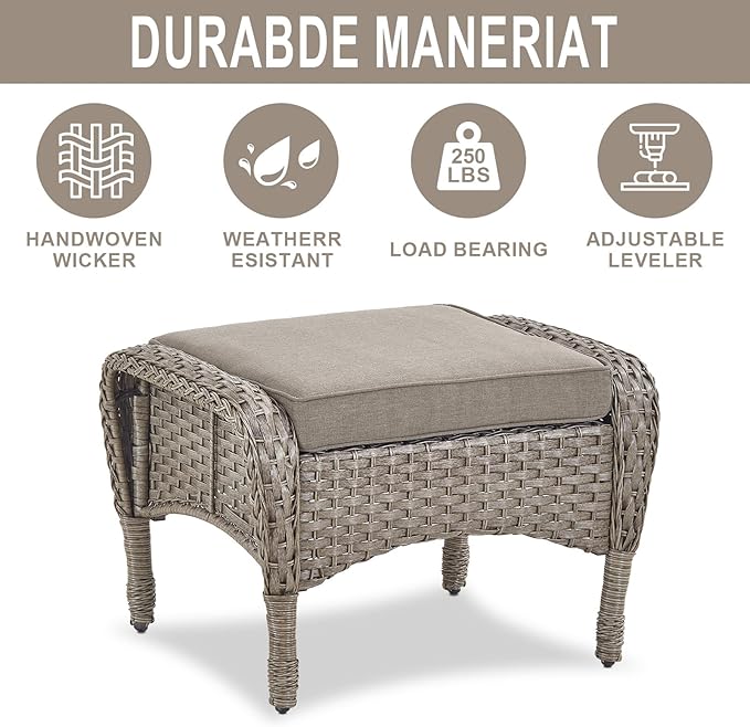 Belord Outdoor Ottomans for Patio Foot Rest - 25 Inch PE Wicker Foot Stool Set of 2 with Removable Cushions for Patio Furniture Sets,All Weather Rattan Ottoman for Balcony Deck Backyard Brown