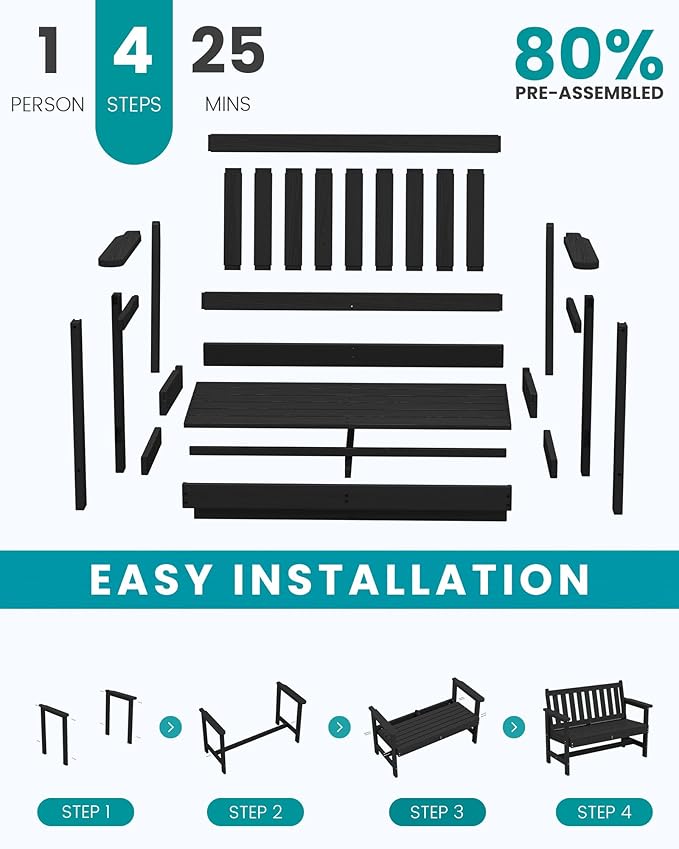 SERWALL Outdoor Bench, HDPE Outdoor Benches Weatherproof, 2-Person Garden Bench with 660 lbs Weight Capacity, Patio Benches for Outdoors, Garden, Porch, Backyard and Park, Black