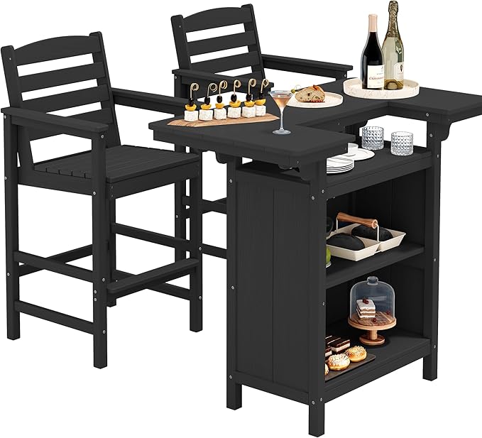 SERWALL Outdoor Bar Table Set (1 Table with 2 Chairs) – HDPE Black Patio Bar Cabinet with 4-Tier Storage & Spacious Tabletop, Perfect for Outdoor, Poolside, Backyard