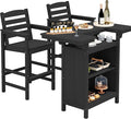 SERWALL Outdoor Bar Table Set (1 Table with 2 Chairs) – HDPE Black Patio Bar Cabinet with 4-Tier Storage & Spacious Tabletop, Perfect for Outdoor, Poolside, Backyard