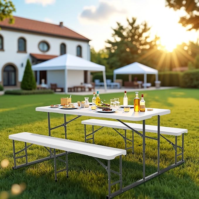 VINGLI Folding Picnic Table and Bench Set, Portable Outdoor Dining Furniture for Camping, Patio, Backyard, Wood Grain Plastic Top with Metal Frame (White)