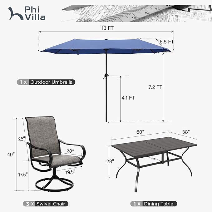 PHI VILLA 8 PCS Patio Dining Set with 13ft Large Patio Umbrella(Haze Blue), 6 Outdoor Swivel Chairs & 1 Rectangle Metal Table for 6 Person, Patio Dining Fruniture Set for Deck Garden(No Umbrella Base)