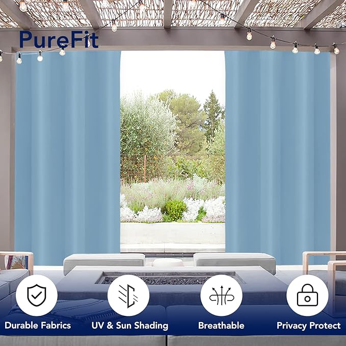 PureFit Outdoor Curtains for Patio Waterproof Weatherproof, UV Resistant Outside Curtains for Gazebo, Front Porch, Pergola, Sun Blocking Privacy Curtain, 52W x 108L inch, 1 Panel, Sky Blue