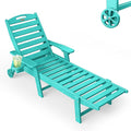 Chaise Lounge Outdoor, Lounge Chair Outdoor with Wood Texture, Adjustable 5-Position Backrest, HDPE Lounge Chair with Wheels & Cup Holder for Pool Deck Backyard,Lake Blue