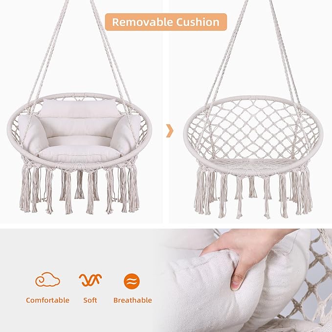 Goutime Hammock Chair, Macrame Hanging Swing Chairs with Cushion and Hardware Kit,Adult Boho Swings for Outside,Patio,Balcony,Bedroom (Beige)