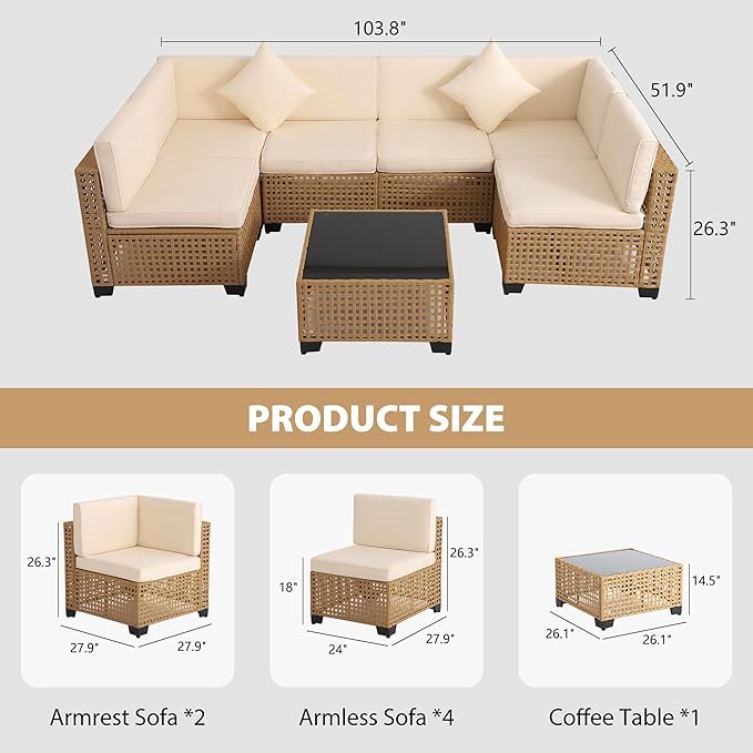 KIGOTY Patio Furniture Set,7 Pieces Modular Outdoor Sectional Sofa, PE Rattan Patio Conversation Set, All Weather Wicker Patio Furniture with Cushions and Coffee Table（Yellow/White）