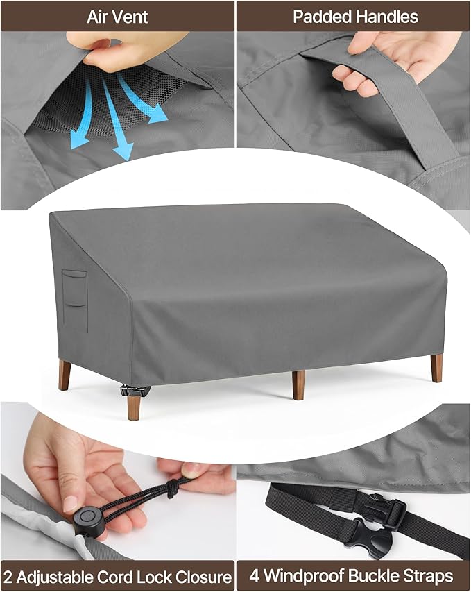 Vailge Heavy Duty Patio Sofa Cover, 100% Waterproof 3-Seater Outdoor Sofa Cover,Lawn Patio Furniture Covers with Air Vent and Handle,104" Wx 40" Dx 35" H,Grey