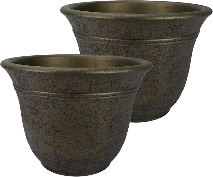 The HC Companies Sierra Round Self-Watering Pot - Lightweight Plastic Planter for Herbs & More - Durable Plant Pots for Indoor Plants & Outdoor Plants (16” Celtic Bronze, Pack of 2)