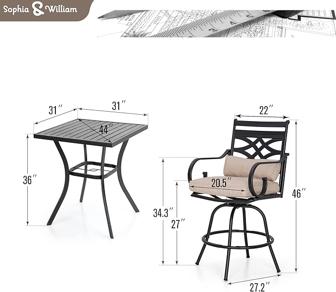 Sophia & William Patio Bar Set 3 Pieces Outdoor Bistro Bar Set with 2 Swivel Bar Stools and 1 Square Bar Height Table, All-Weather Metal Furniture with 1.57" Umbrella Hole and Beige Cushion