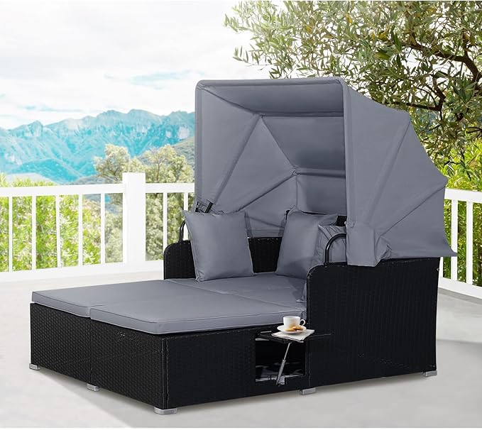 ORALNER Outdoor Daybed, 2-Person Wicker Patio Sofa with Retractable Canopy, Cushions & Pillows, 2 Side Trays, PE Rattan Double Sunbed Lounger for Deck Poolside Backyard Garden Balcony (Gray)