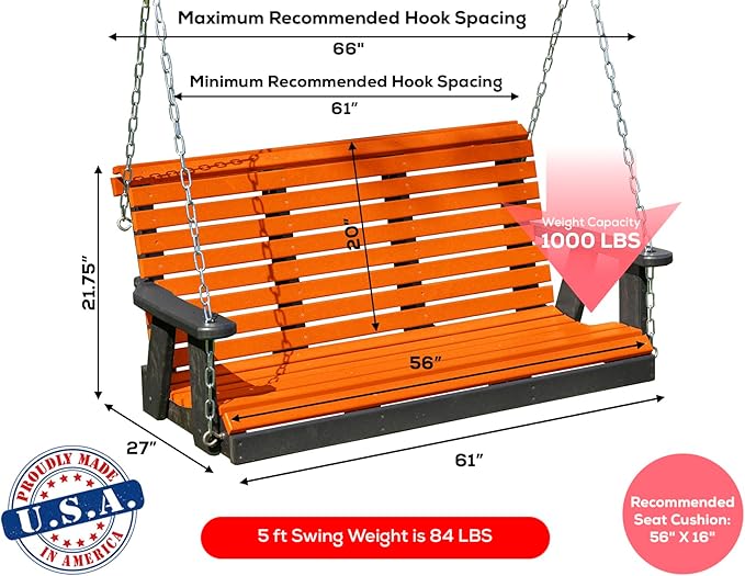 Poly Lumber Wood 5FT Porch Swing Amish Craftsmandship Made in USA HDPE with No wood fibers and 1000 lbs Limit. Stainless Steel Hardware.Signature Rollback design for Patio Outdoor Backyard Garden Park