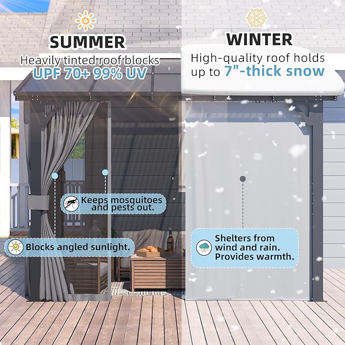AECOJOY Wall Gazebo 12’ x 10’ with Curtains and Mosquito Netting, 10'x12' Hard Top Gazebos Pergola on Clearance, Outdoor Patio Lean to Gazebo Canopy Awnings for Deck, Porch, Backyard and Outside
