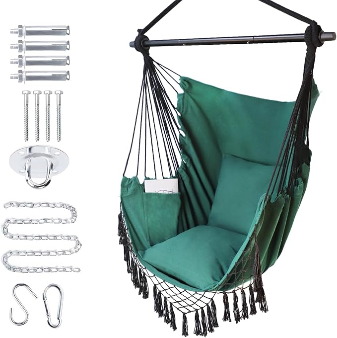 Hammock Chair Hanging Rope Swing Chair,Max 450 Lbs, Large Hanging Chair with Pocket, 2 Cushions, Removable Steel Bar, Hardware Kit Included, Superior Comfort for Indoor Outdoor (Dark Green)