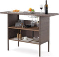 ECOTOUGE Patio Wicker Bar Table, Outdoor Rattan Counter Table with Steel Storage Shelves & Wine Rack for Party, Picnic (Brown)