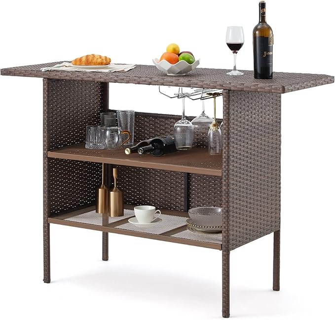 ECOTOUGE Patio Wicker Bar Table, Outdoor Rattan Counter Table with Steel Storage Shelves & Wine Rack for Party, Picnic (Brown)