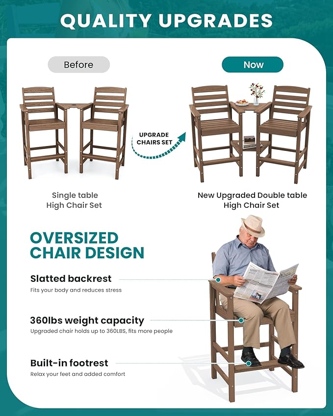 SERWALL Tall Adirondack Chairs Set of 2 with Connecting Table, Balcony Adirondack Chairs Set, Outdoor Bar Height Barstools Chair Set for Bistro, Poolside, Garden, Brown