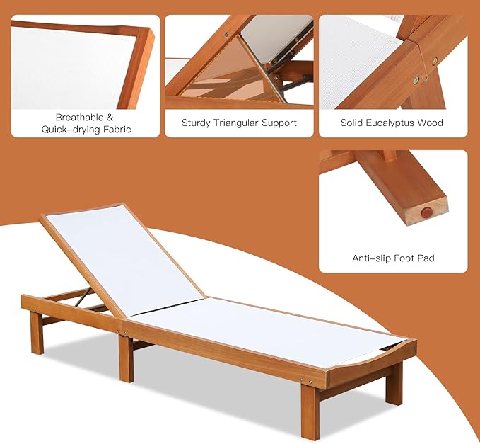 COSTWAY Patio Wood Chaise Lounge Chair, Strong Eucalyptus Wood Frame, 5-Position Adjustable Outdoor Recliner with White Mesh (1)