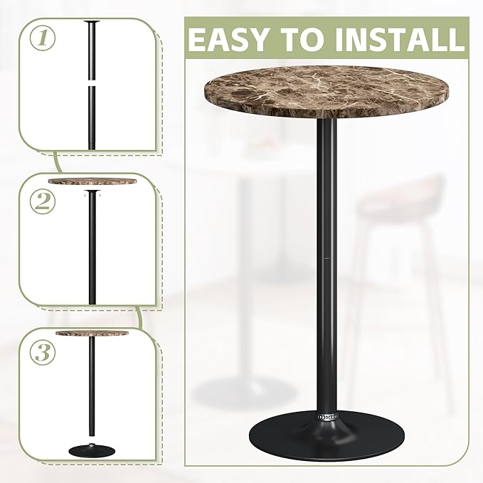 Flamaker Round Bistro Pub Table Modern Style Metal Base MDF Top Cocktail Bar Table Counter Bar Height for Pub, Dining Room, Party (4, Marble-Black)