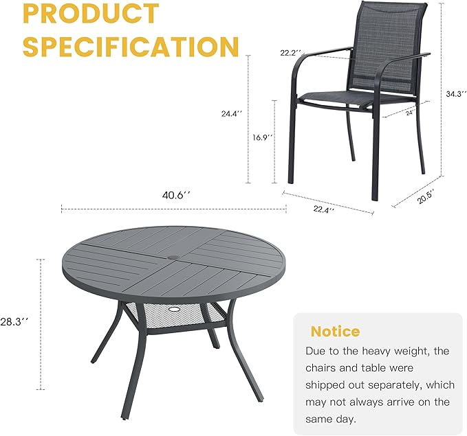 VICLLAX Patio Table and Chair Set of 4, All Weather Metal Round Outdoor Dining Furniture Set-40.6" Round Outdoor Table and Chairs, Grey Tabletop