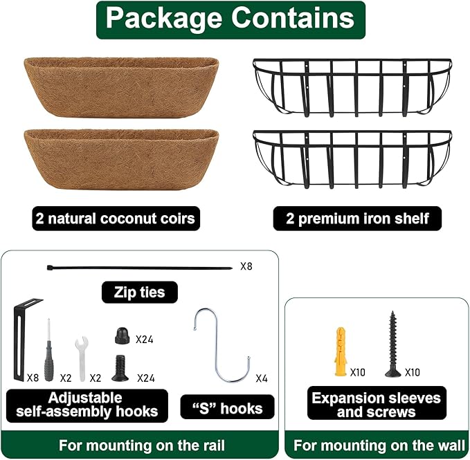 DUNCHATY Railing Planter Window Box - 2 Pack 24" Horse Trough Planter with Coco Fiber Liner - Deck Balcony Rail Planter for Porch Fence Patio Outdoor