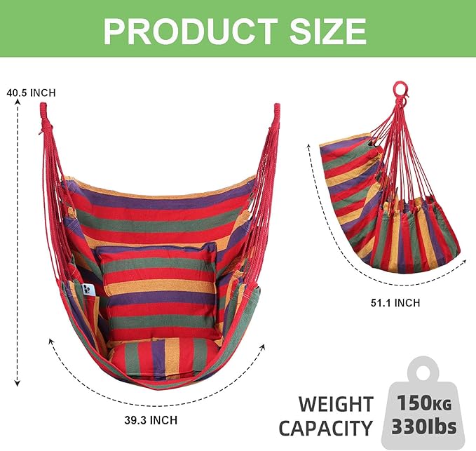 Goutime Hammock Chair, Boho Hanging Rope Ceiling Swing, Macrame Hanging Swinging Chair for Indoor,Outdoor,Bedroom,Outside,Garden,Balcony,Yard,Deck,Max 330 Lbs,Red