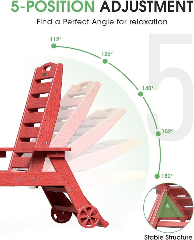 Lounge Chair Outdoor Set of 4 with Wheels, Adjustable 5-Position Chaise Lounge Outdoor, Patio Lounge Chair for Poolside Backyard, Red