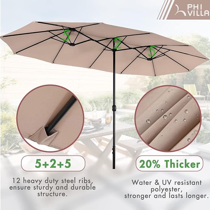 PHI VILLA 7 Pieces Patio Dining Set with Umbrella for 6, 60” Large Metal Iron Dining Table & Cushioned Rattan Wicker Chairs & 13ft Beige Umbrella for Patio, Deck, Yard, Porch