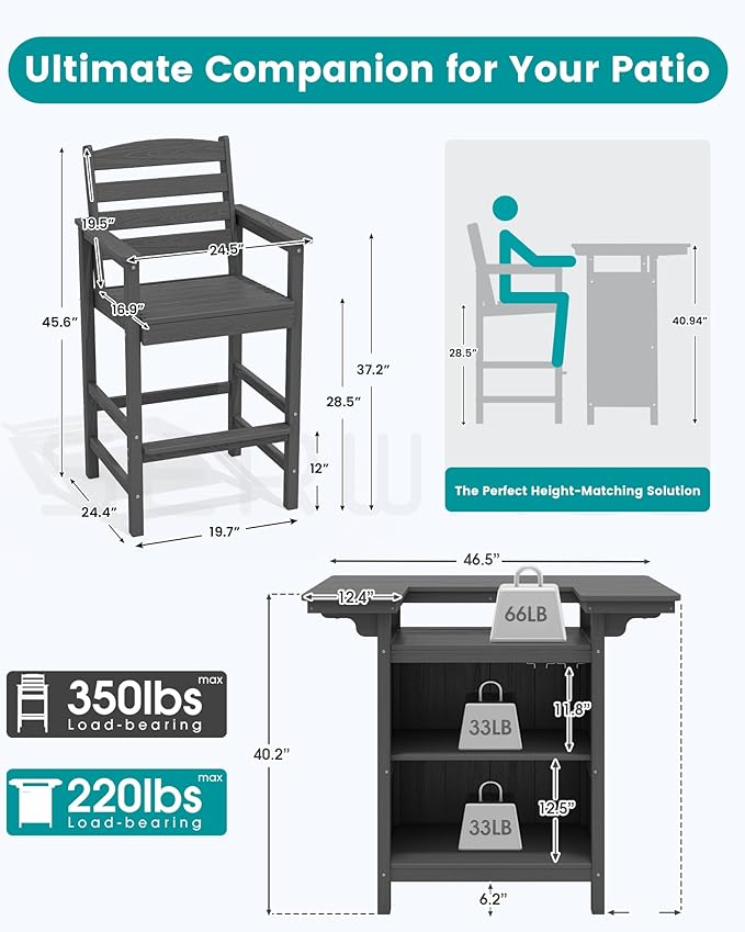 SERWALL Outdoor Bar Table Set (1 Table with 2 Chairs) – HDPE Grey Patio Bar Cabinet with 4-Tier Storage & Spacious Tabletop, Perfect for Outdoor, Poolside, Backyard