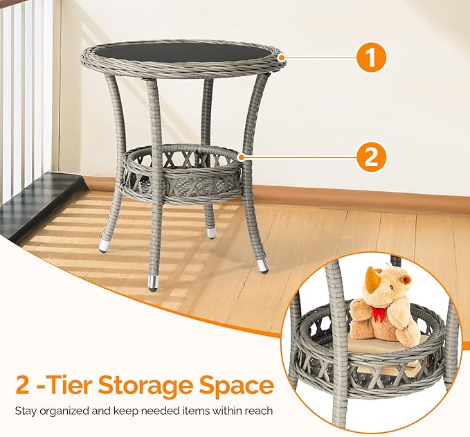 VINGLI Outdoor Wicker Side Table, Patio Side Tables for Outside Tempered Glass Top Wicker Table with Storage End Table for Balcony Porch Deck (Grey)