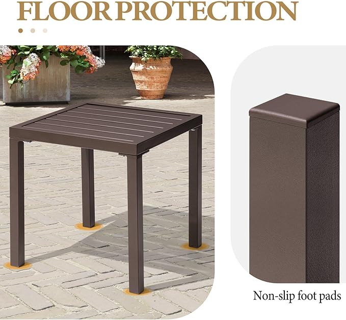 Crestlive Products Outdoor Side Table, Small Square Metal End Table Easy Assembly & Weather Resistant Pool Side Tables for Patio Balcony（Brown