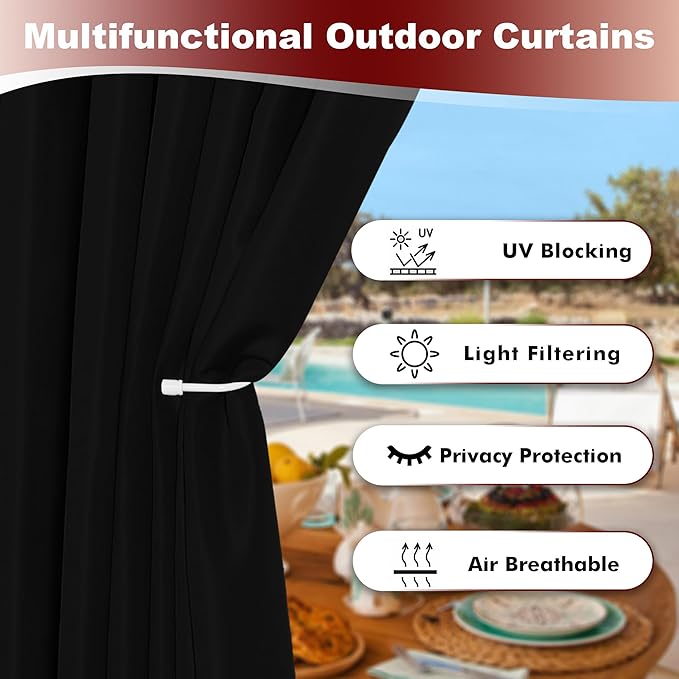 HolidayIdeas Grommet Outdoor Curtains for Patio Waterproof 8 Pcs All Weather Balcony Black Outside Curtains for Apartments, Gazebo, Pergolas, Porch, 54x108 Inch