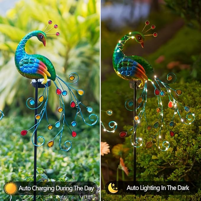 DREAMSOUL 2 Pack Peacock Solar Lights Outdoor, Tall Waterproof LED Outdoor Solar Lights for Yard Pathway Peacock Decor