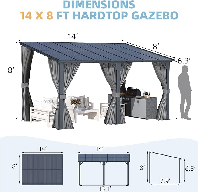 AECOJOY 14' x 8' Gazebo Outdoor Pergola, Hard Top Lean to 8x14 Gazebo with Curtains and Netting, Pergolas and Gazebos Clearance with Patio Roof, Large Wall-Mounted Heavy Duty Awnings for Patio, Decks