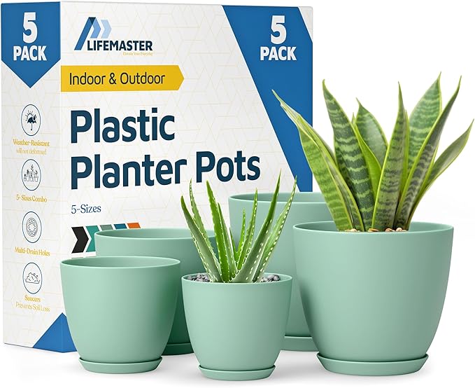Planter Pots with Drainage Holes - Lightweight, Durable, & Space-Saving Pots for Indoor and Outdoor - Versatile Functionality, Simple Modern Design, Set of 5 Plastic Planter Pots Mint