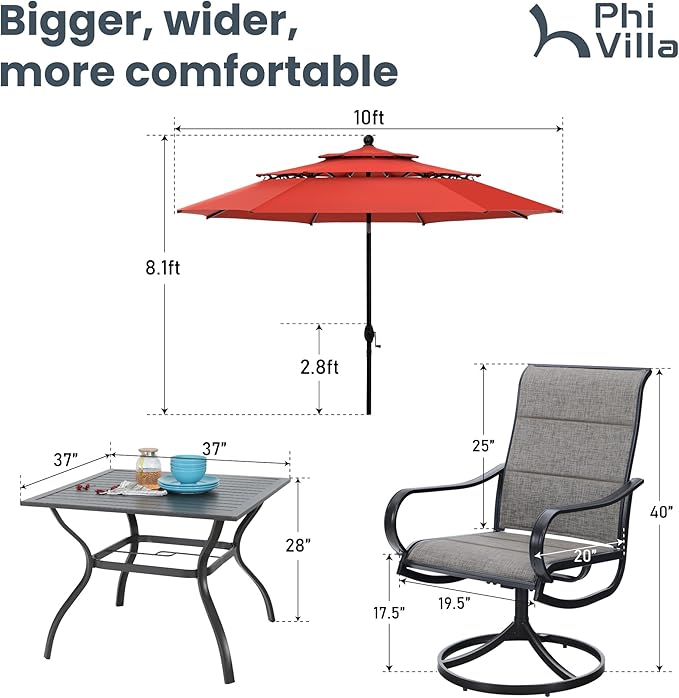 PHI VILLA Patio Dining Set with Umbrella for 4, Outdoor Table & Chairs Set with 4 Padded Swivel Patio Dining Chairs, 1 Metal Dining Table and 10ft Orange Red Large Patio Umbrella (No Umbrella Base)