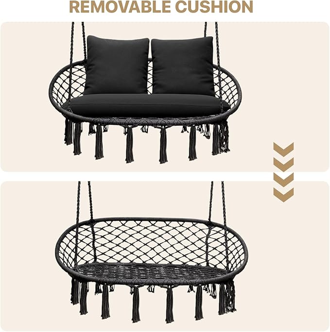 MoNiBloom 2 Seat Hammock Chair Hanging Macrame Swing 3 Cushions Included, Indoor/Outdoor Boho Chair for Adults, Max 700 lbs Capacity Patio Hanging Chair Porch Hammock Chair Hanging Rope Swing, Black