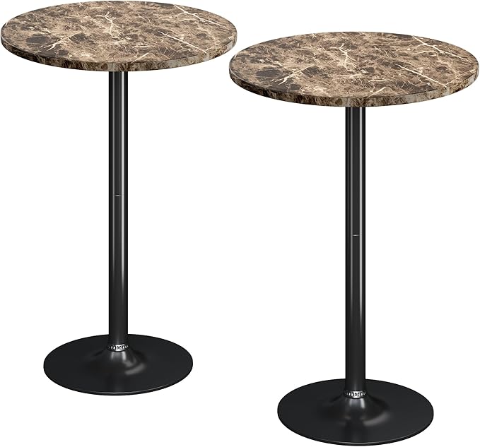 Flamaker Round Bistro Pub Table Modern Style Metal Base MDF Top Cocktail Bar Table Counter Bar Height for Pub, Dining Room, Party (2, Marble-Black)